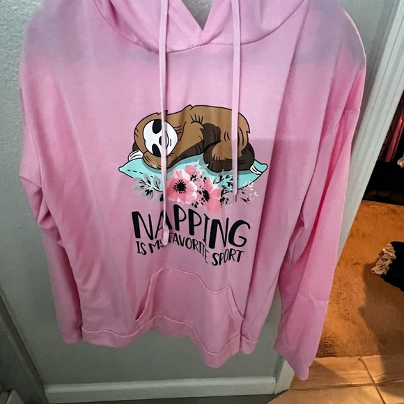 Sweaters - Pink Hoodie with Sloth and Floral Print